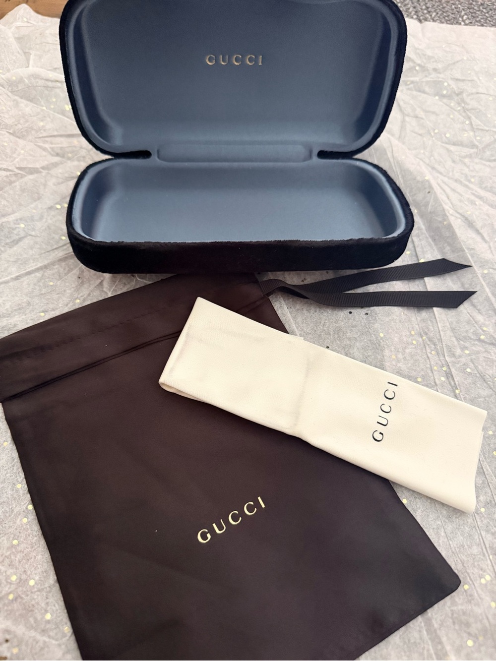 Gucci Black Exterior Sunglasses Case with Blue Interior and White Soft Pouch